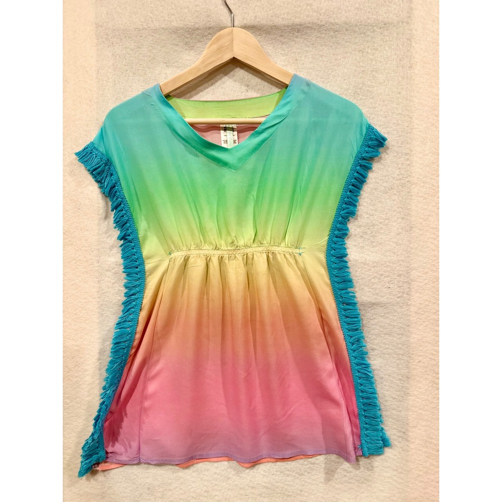 Breaking Waves Girls Rainbow Ombre Fringe Swim Cover Up Kaftan Size 6/6X